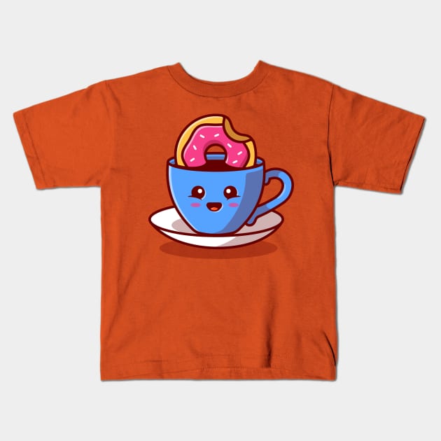 Cute Hot Coffee With Doughnut Cartoon Kids T-Shirt by Catalyst Labs